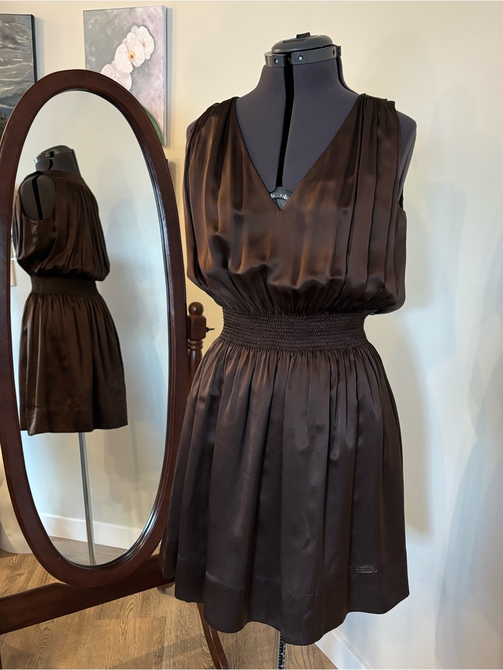 Thomas Burberry By Burberry silk Brown Sleeveless Smocked-Waist Dress